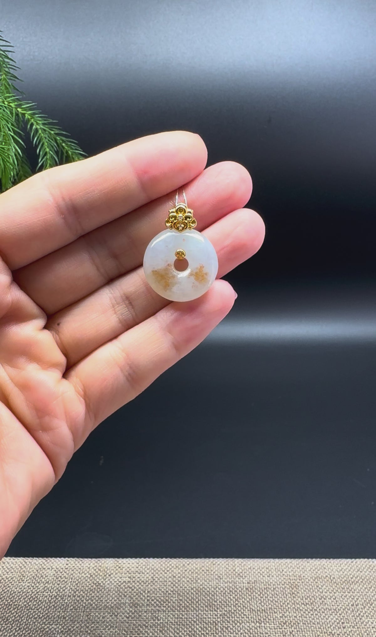 "Good Luck Button"Jadeite Jade Yellow Sajin Lucky KouKou Pendant With 18K Yellow Gold Diamonds Bail