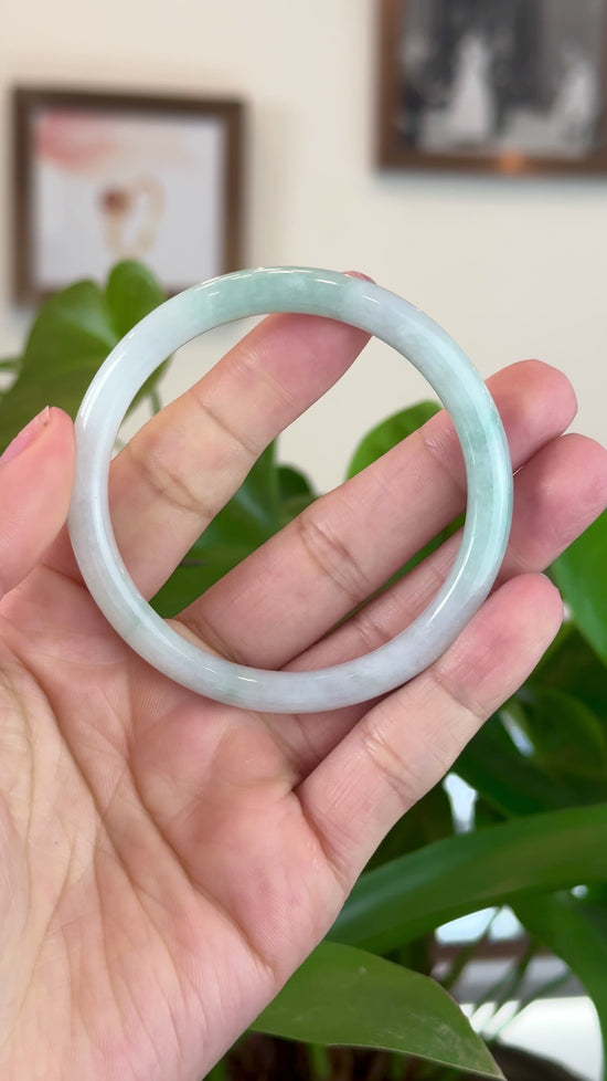 Load and play video in Gallery viewer, RealJade Co.® &amp;quot;Petite&amp;quot; Natural Burmese White-Green Jadeite Jade Bangle Bracelet (55.81 mm) #T237
