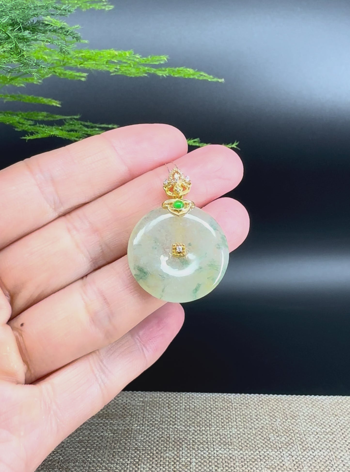 Load and play video in Gallery viewer, &amp;quot;Good Luck Button&amp;quot; Icy Yellow Green Jadeite Jade Lucky KouKou Pendant With 18K Yellow Gold Bail
