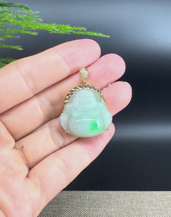 Load and play video in Gallery viewer, 18K Yellow Gold Burmese Green Jadeite Jade Happy Buddha Pendant
