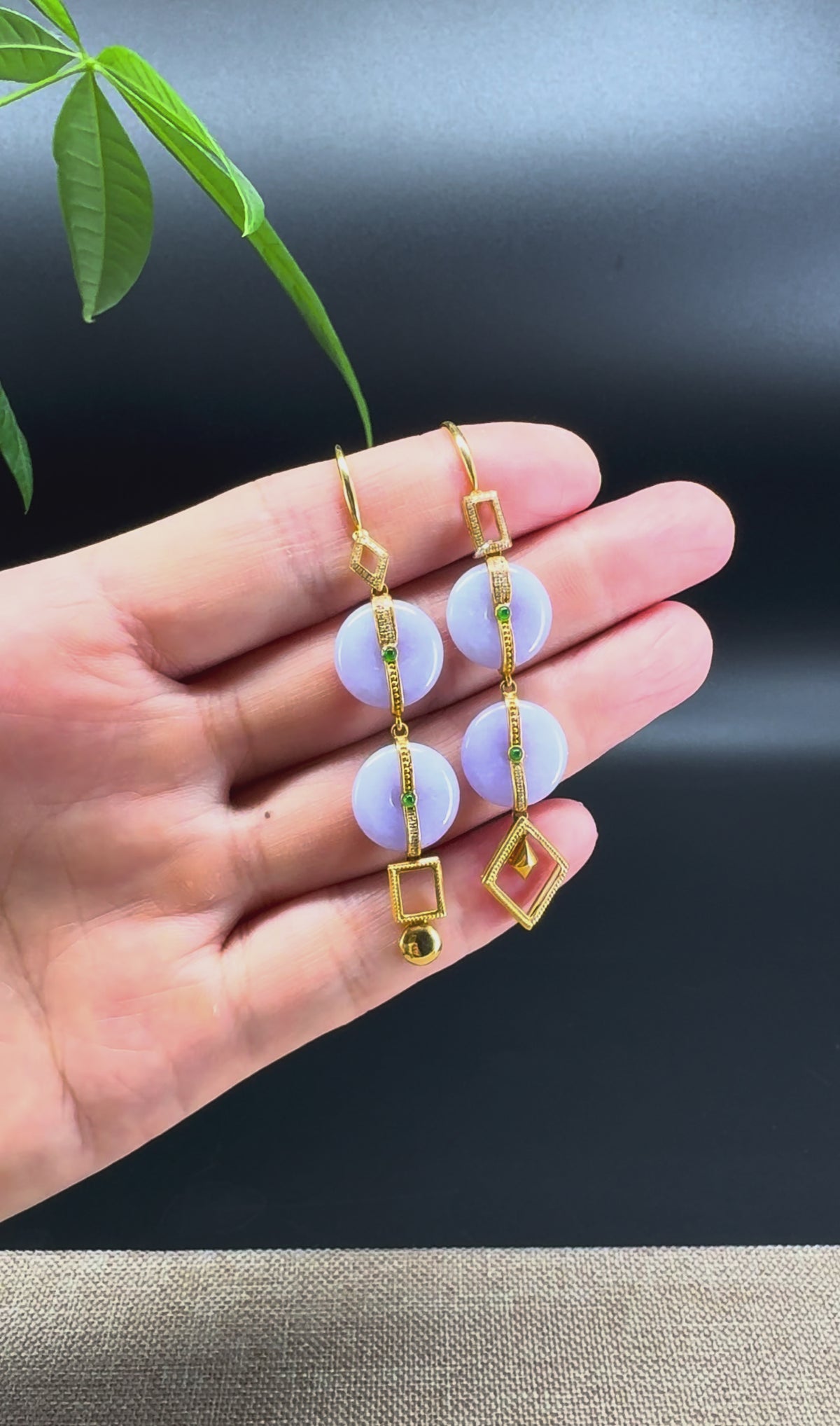 18k Yellow Gold Genuine Lavender KouKou Jadeite Jade Earrings With Diamonds