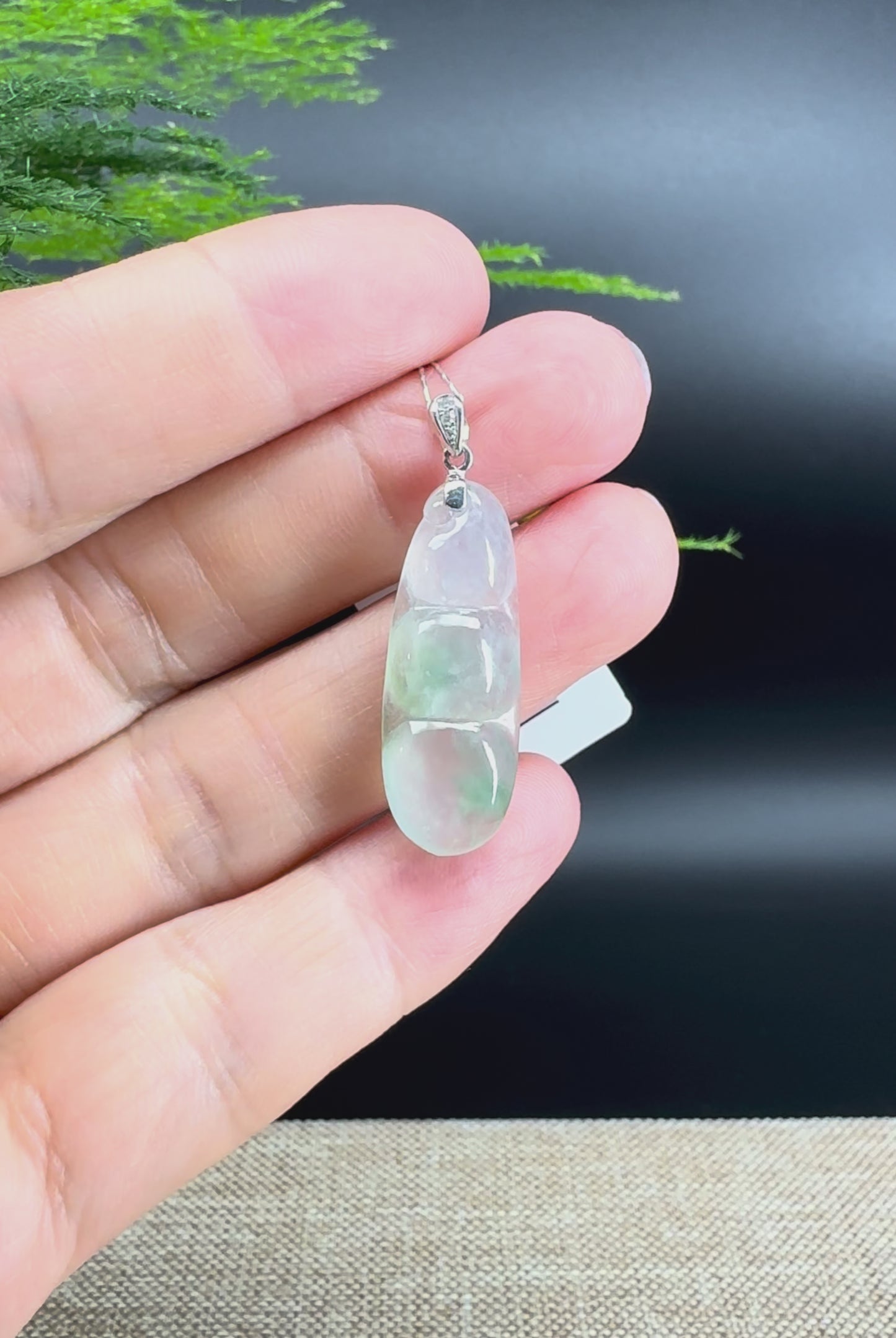 RealJade® Co. Genuine Icy Green  Jadeite Jade Bean Necklace With 18K White Gold Bail