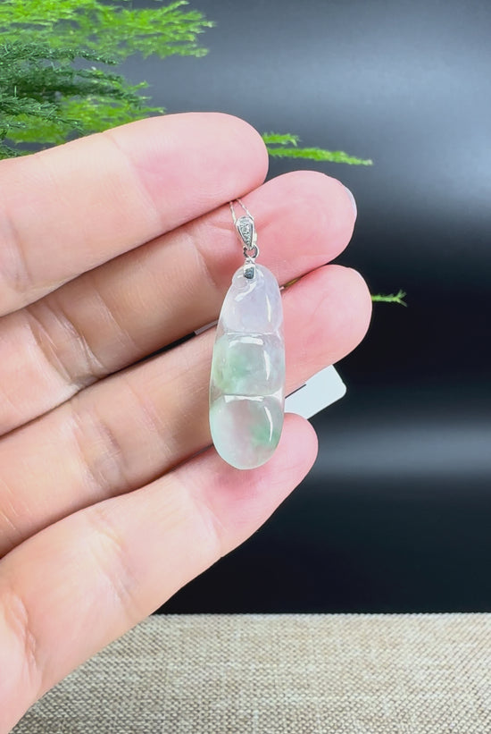 Load and play video in Gallery viewer, RealJade® Co. Genuine Icy Green  Jadeite Jade Bean Necklace With 18K White Gold Bail
