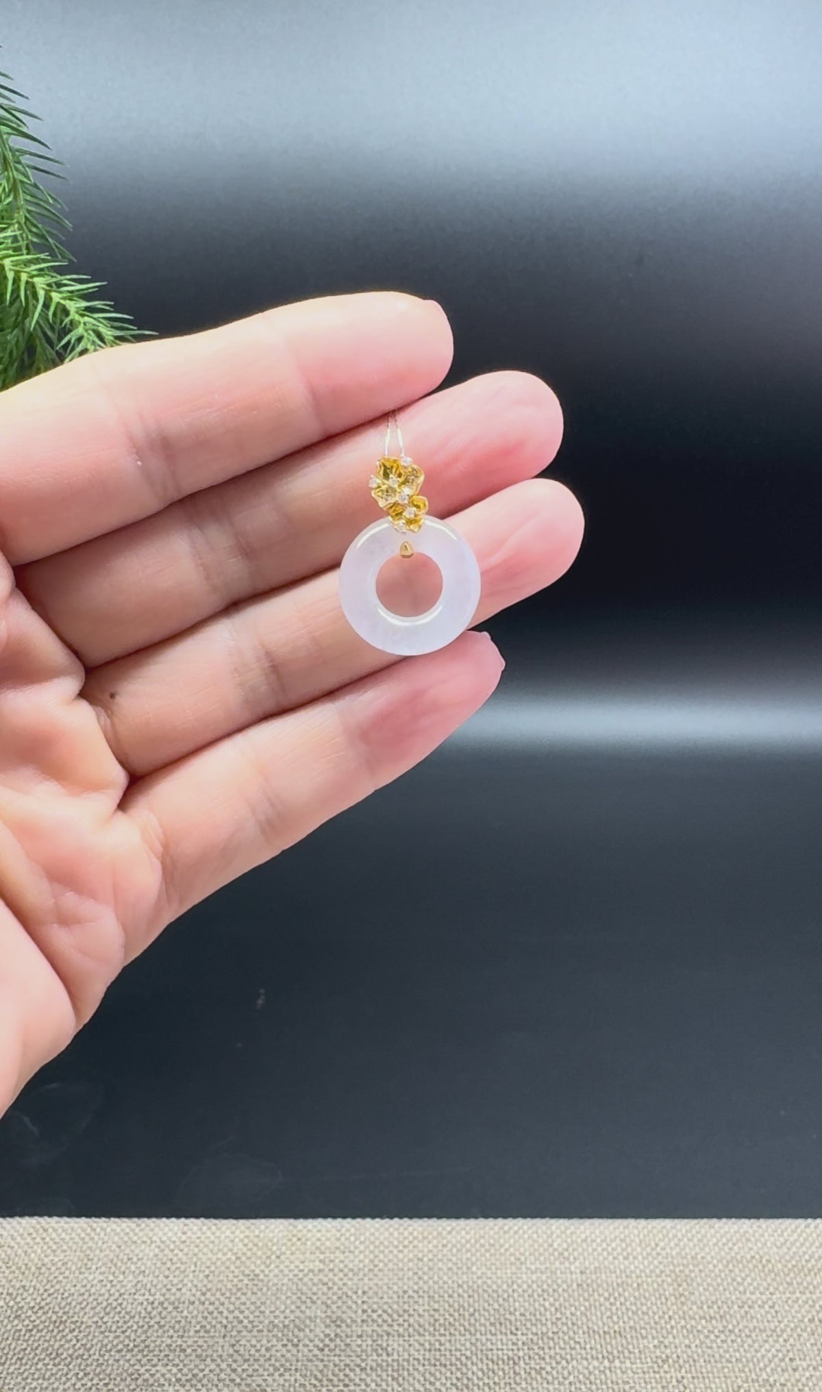 "Good Luck Button" Icy White Jadeite Jade Lucky KouKou Pendant With 18K Yellow Gold Diamonds Bail