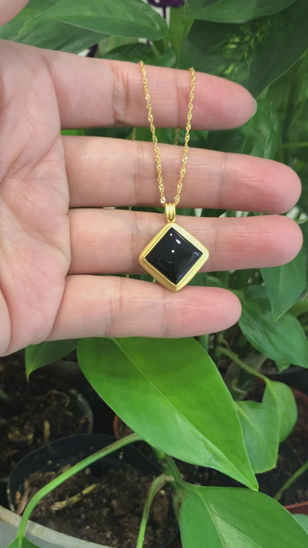 Load and play video in Gallery viewer, RealJade® Sterling Silver Black Nephrite Jade Classic Square Pendant Necklace
