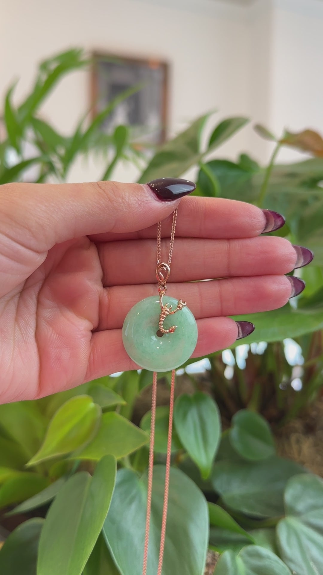 Load and play video in Gallery viewer, RealJade® Co. 18k Rose Gold Genuine Burmese Jadeite Constellation (Scorpio) Necklace Pendant

