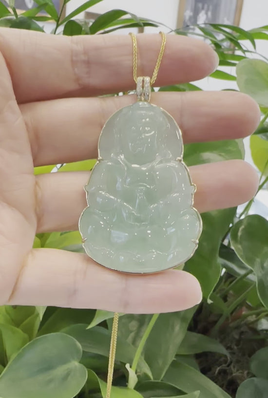 Load and play video in Gallery viewer, &amp;quot; Goddess of Compassion&amp;quot; 14k Yellow Gold Genuine Burmese Jadeite Jade Guanyin Necklace With Good Luck Design
