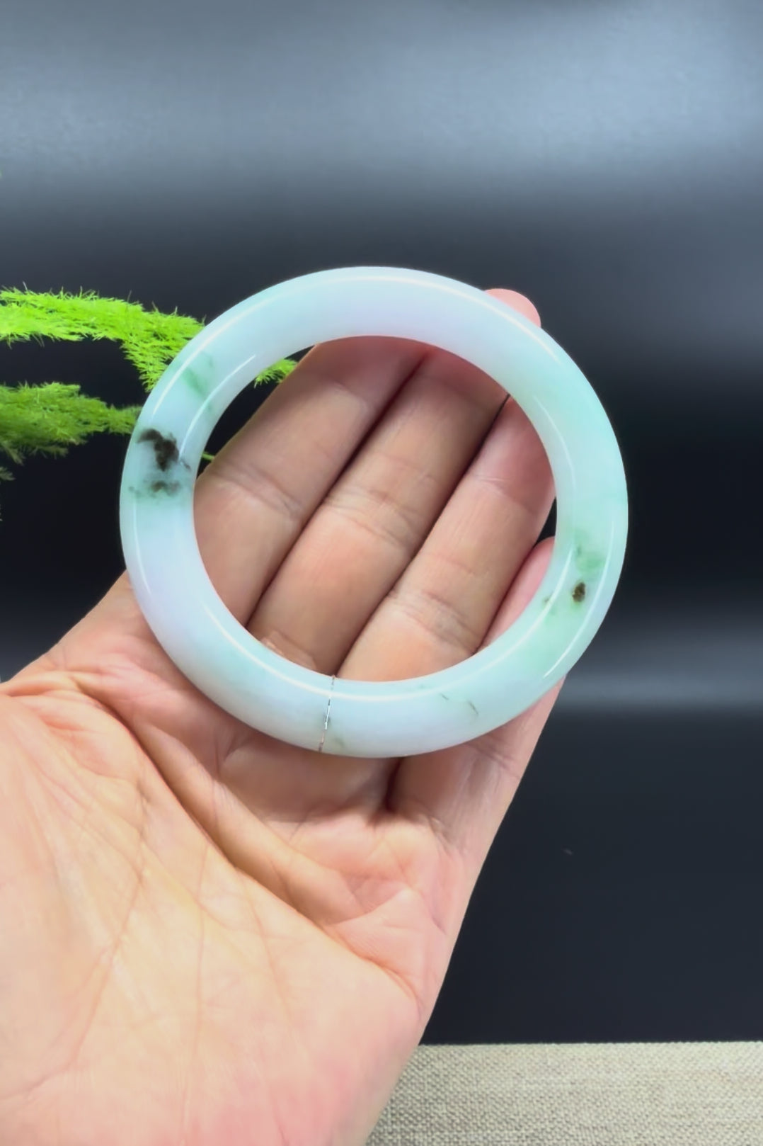 Genuine Burmese Milky White & Green Flower Jadeite Jade "Traditional Round" Bangle Bracelet (53.8mm)
