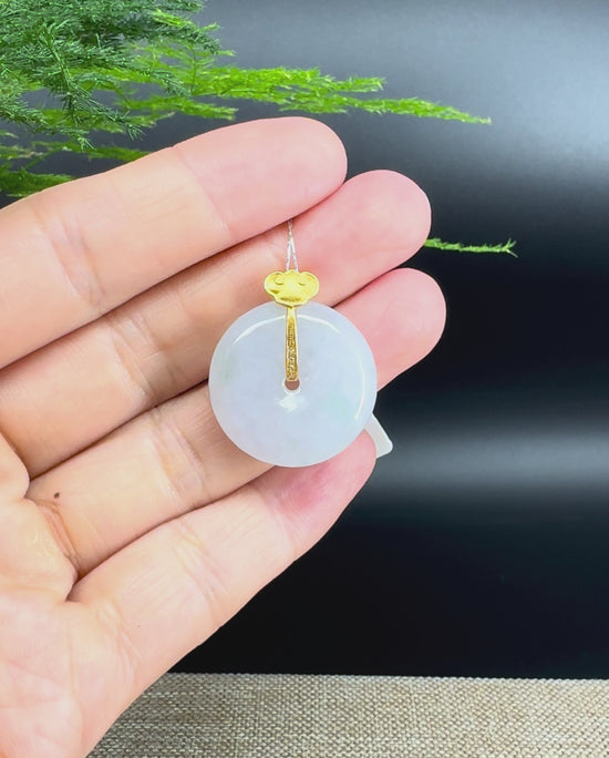 Load and play video in Gallery viewer, &amp;quot;Good Luck Button&amp;quot; Ice Jadeite Jade Lucky KouKou Pendant With 18K Yellow Gold Bail
