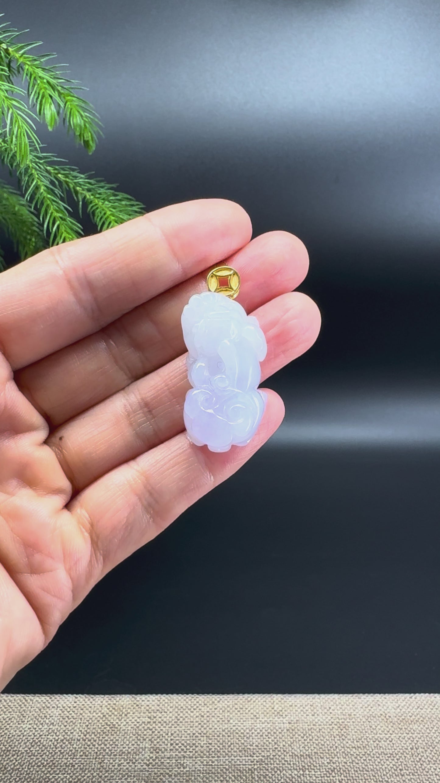 RealJade® Co. 18K Yellow Gold Genuine Light Lavender Jadeite Jade PiXiu Pendant