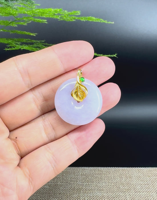 Load and play video in Gallery viewer, &amp;quot;Good Luck Button&amp;quot; Lavender Jadeite Jade Lucky KouKou Pendant With 18K Yellow Gold Bail
