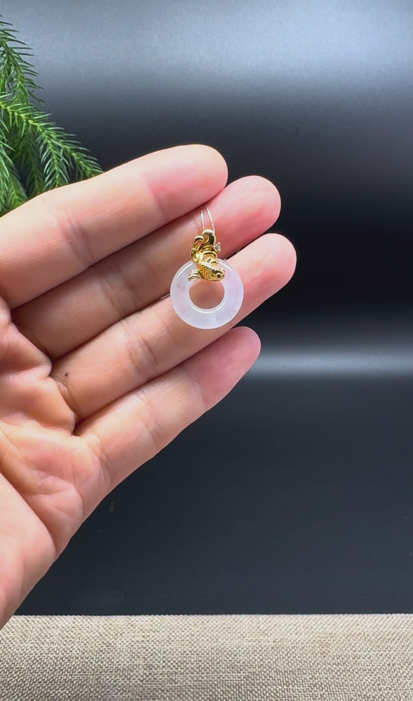 "Good Luck Button" Icy White Jadeite Jade Lucky KouKou Pendant With 18K Yellow Gold Koi-fish Bail