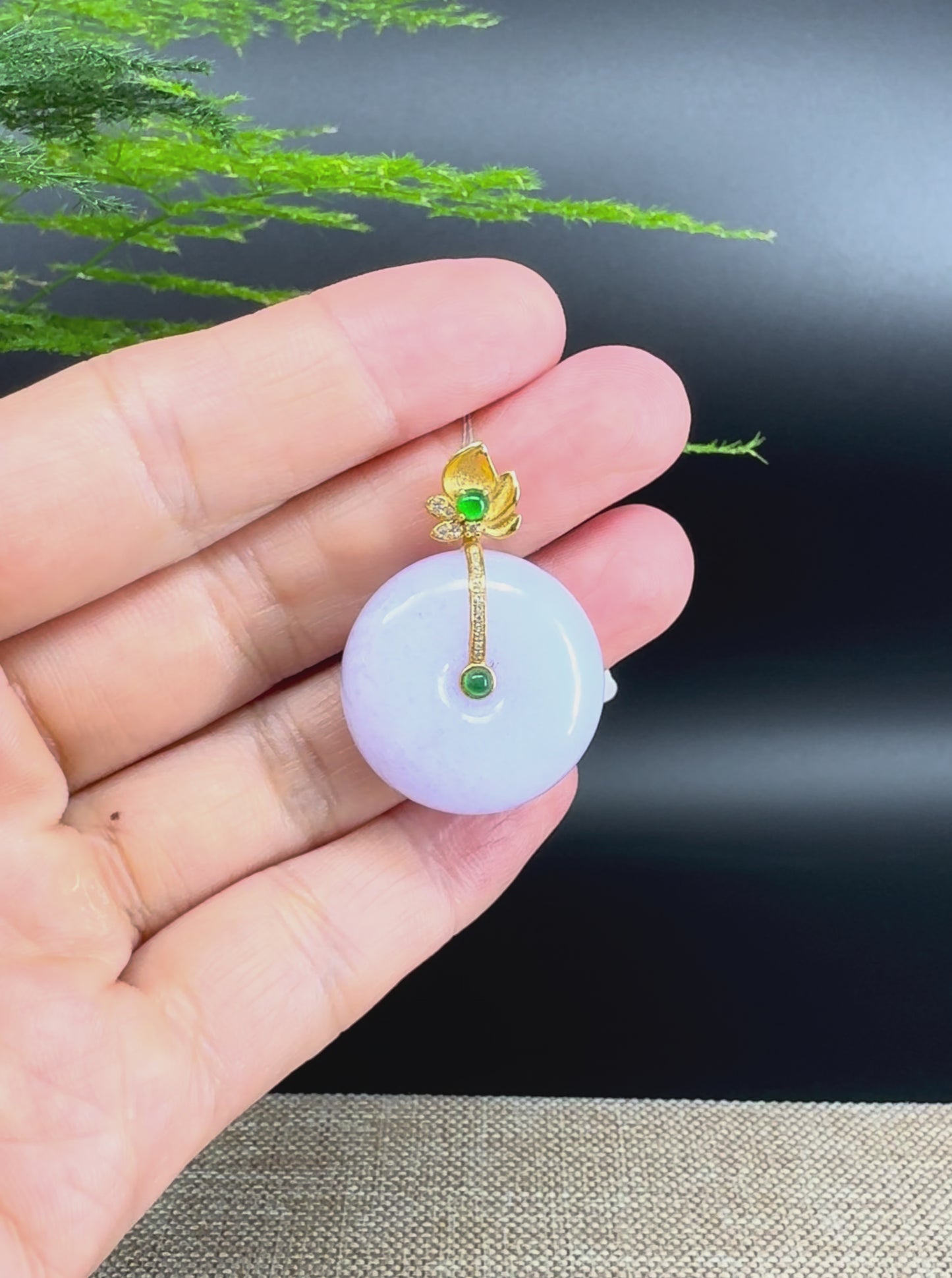 Load and play video in Gallery viewer, &amp;quot;Good Luck Button&amp;quot; Lavender Jadeite Jade Lucky KouKou Pendant With 18K Yellow Gold Bail
