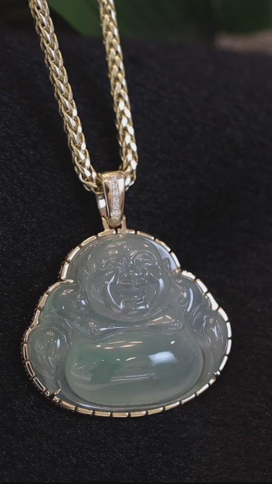 Load and play video in Gallery viewer, RealJade® Co. 18K Rose Gold Genuine Burmese Ice Jadeite Jade Buddha Pendant with Diamonds
