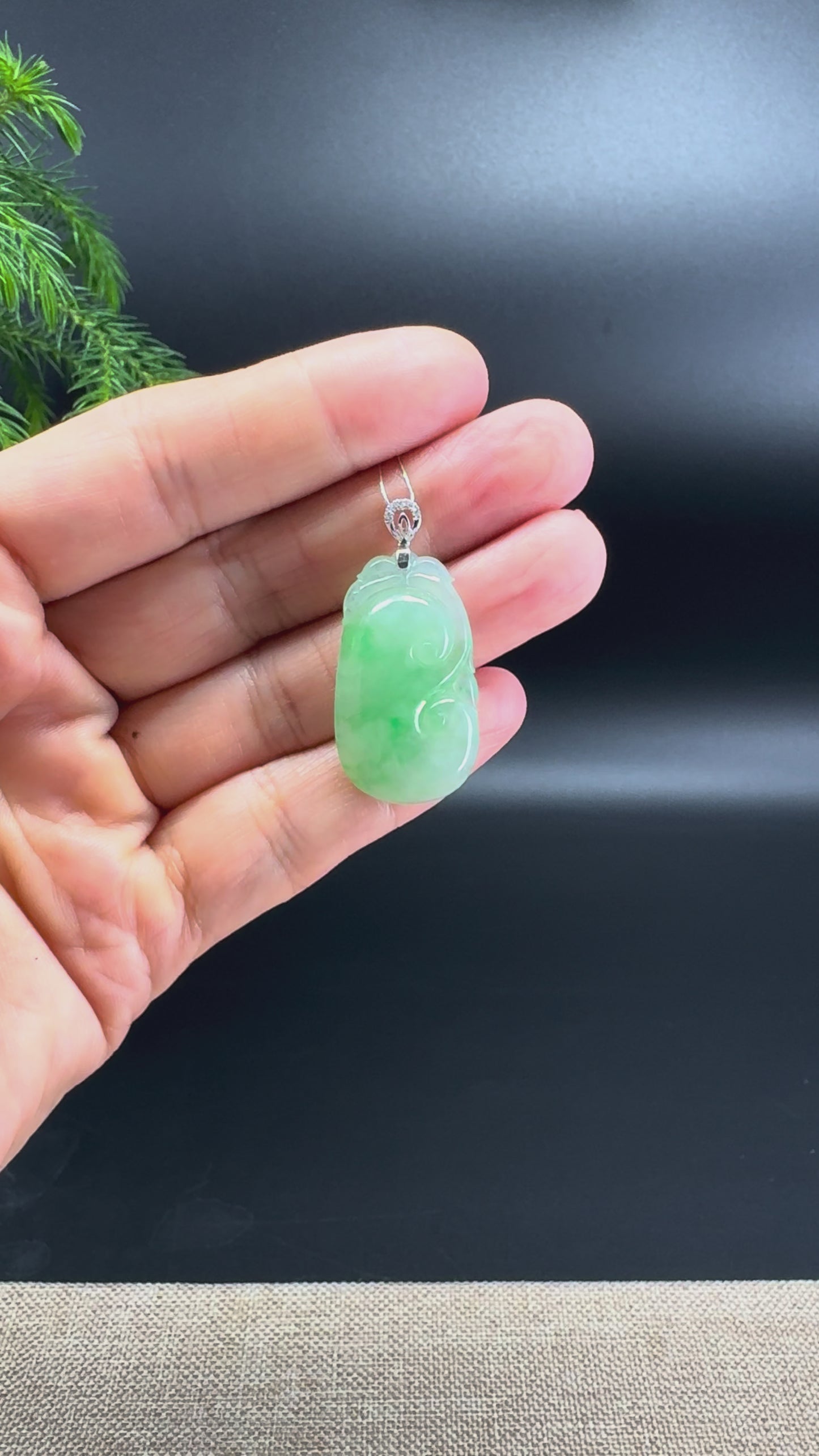 RealJade® Co. Genuine Green Jadeite Jade Good Luck RuYi Necklace With 18K White Gold Diamonds Bail