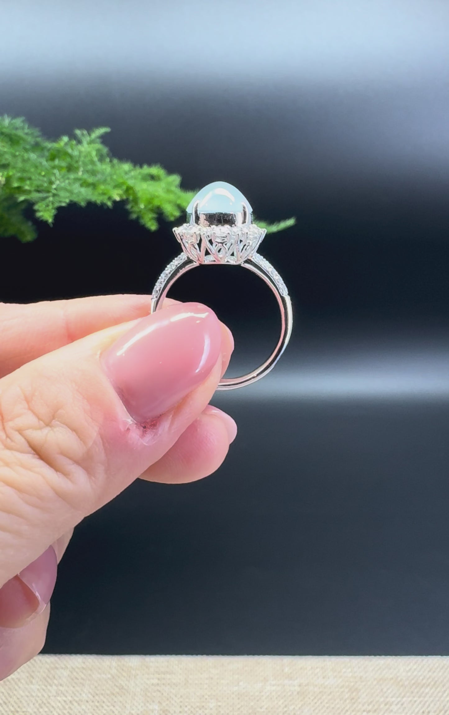 RealJade® "Amelie" 18k White Gold Natural Ice Jadeite Engagement Ring With Diamonds