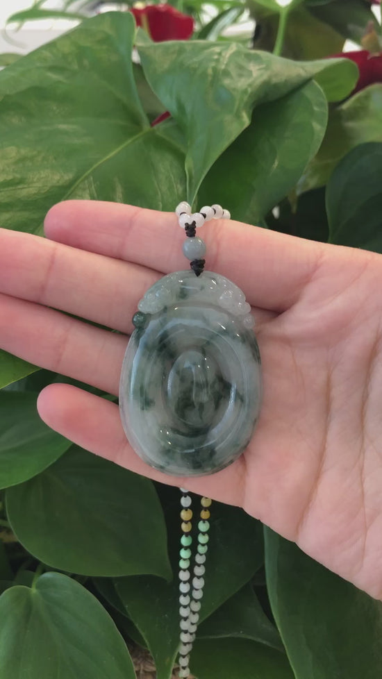 Load and play video in Gallery viewer, Genuine Ice Blue-Green Jadeite Jade &amp;quot;Good Luck Oval with Dragon Accent&amp;quot; Pendant Necklace With Real Jadeite Bead Necklace
