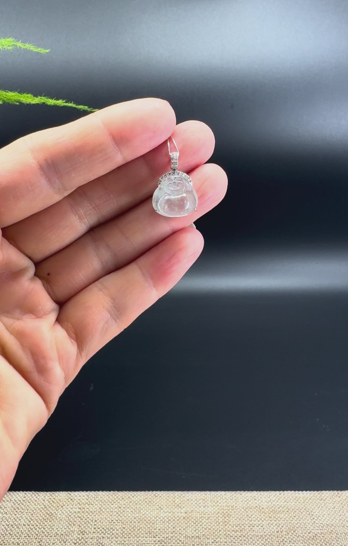 18K White Gold Burmese Icy Jadeite Jade Mini Buddha Pendant With Diamonds