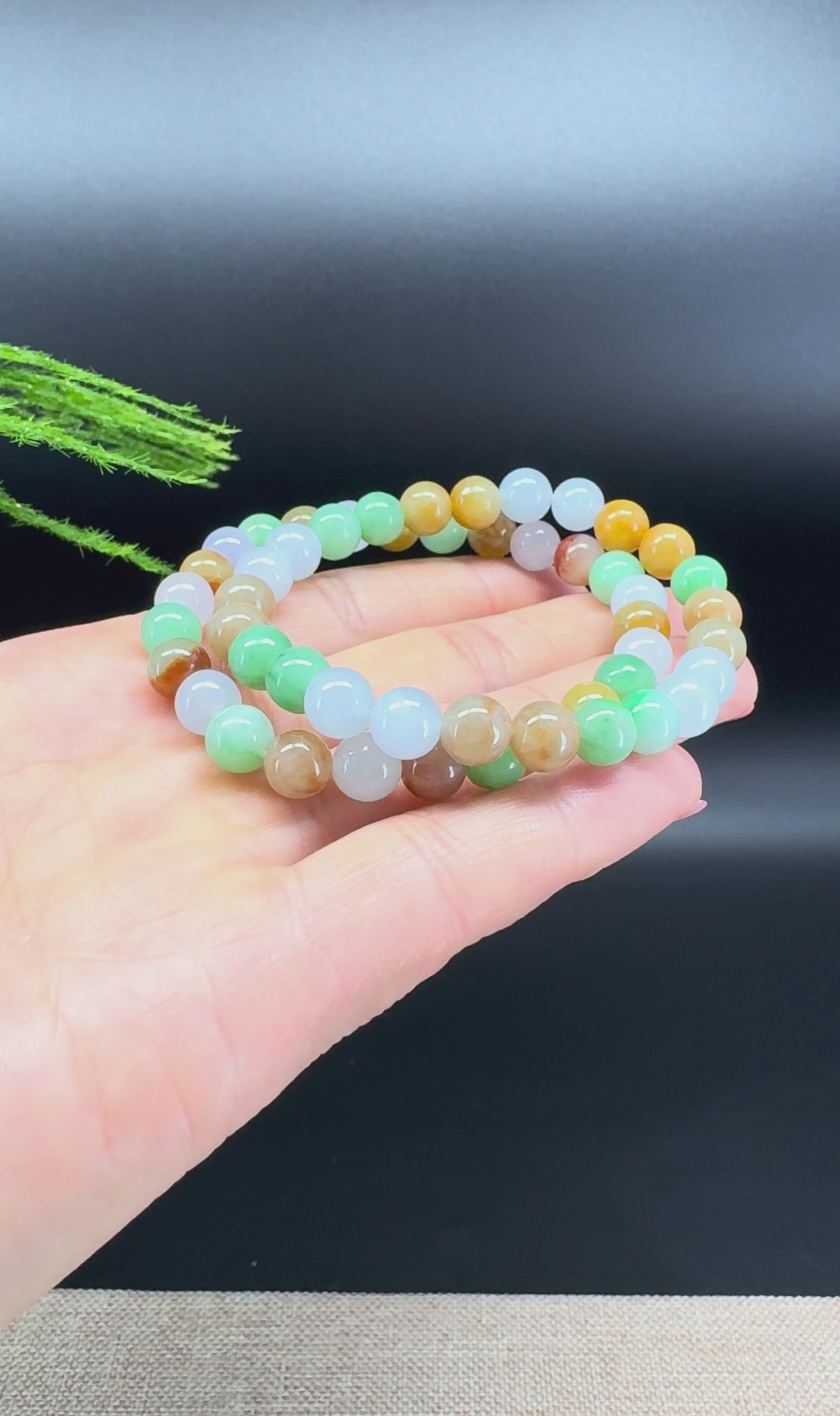 Load and play video in Gallery viewer, RealJade® Co. Genuine Jadeite Jade Round Multicolor Beads Bracelet (7.4mm)
