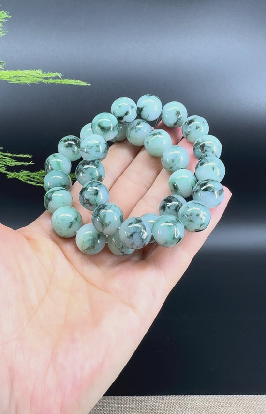 Load and play video in Gallery viewer, RealJade® Genuine Jadeite Jade Round Icy Blue Beads Bracelet ( 13.8mm ) For Men
