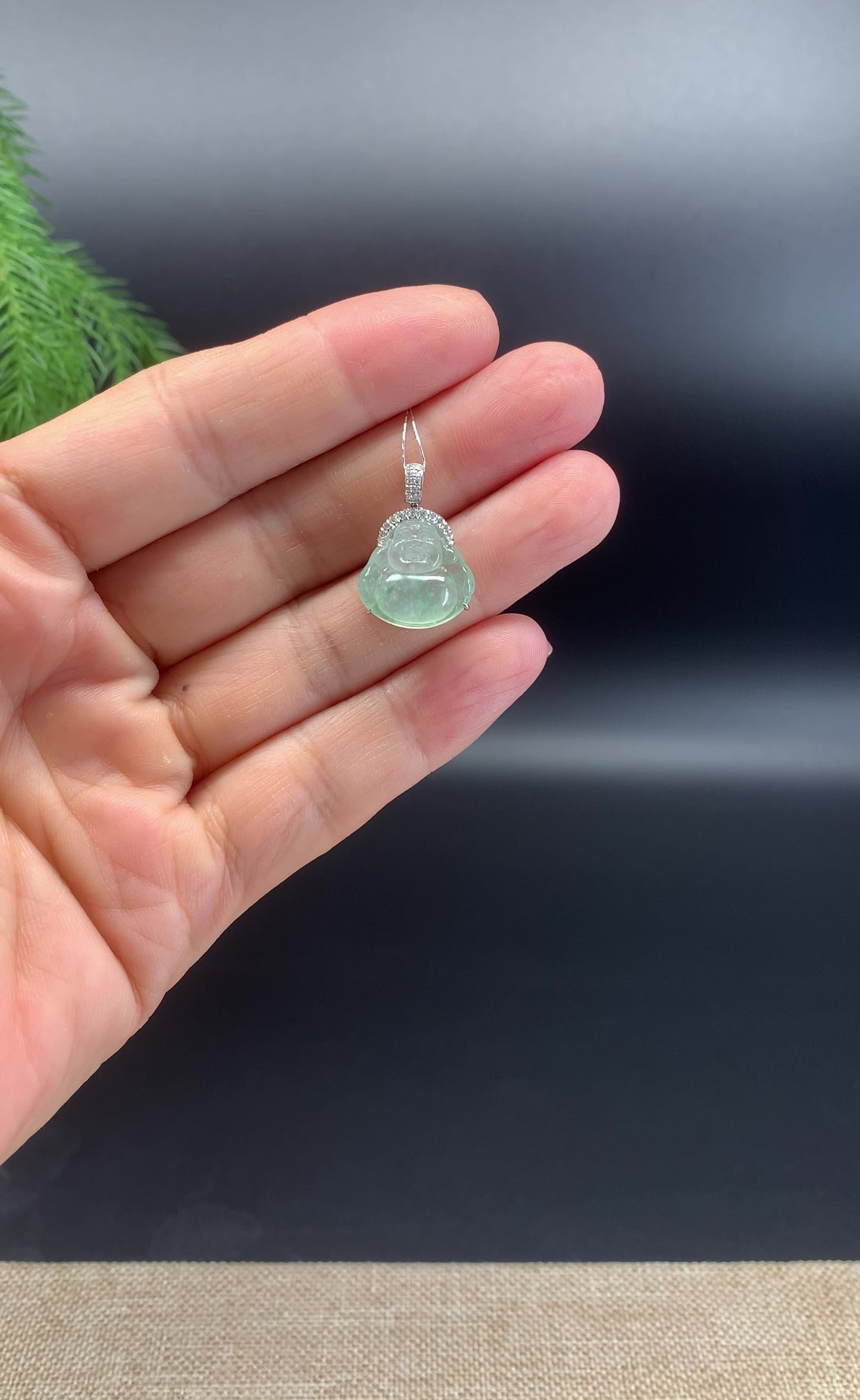 18K White Gold Burmese Icy Green Jadeite Jade Mini Buddha Pendant With Diamonds