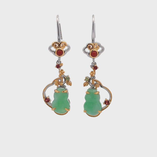 Load and play video in Gallery viewer, RealJade® Co. RealJade® Co. Antique Natural Jadeite Jade Sterling Silver Gold Plated Two Tone Dangle Earrings
