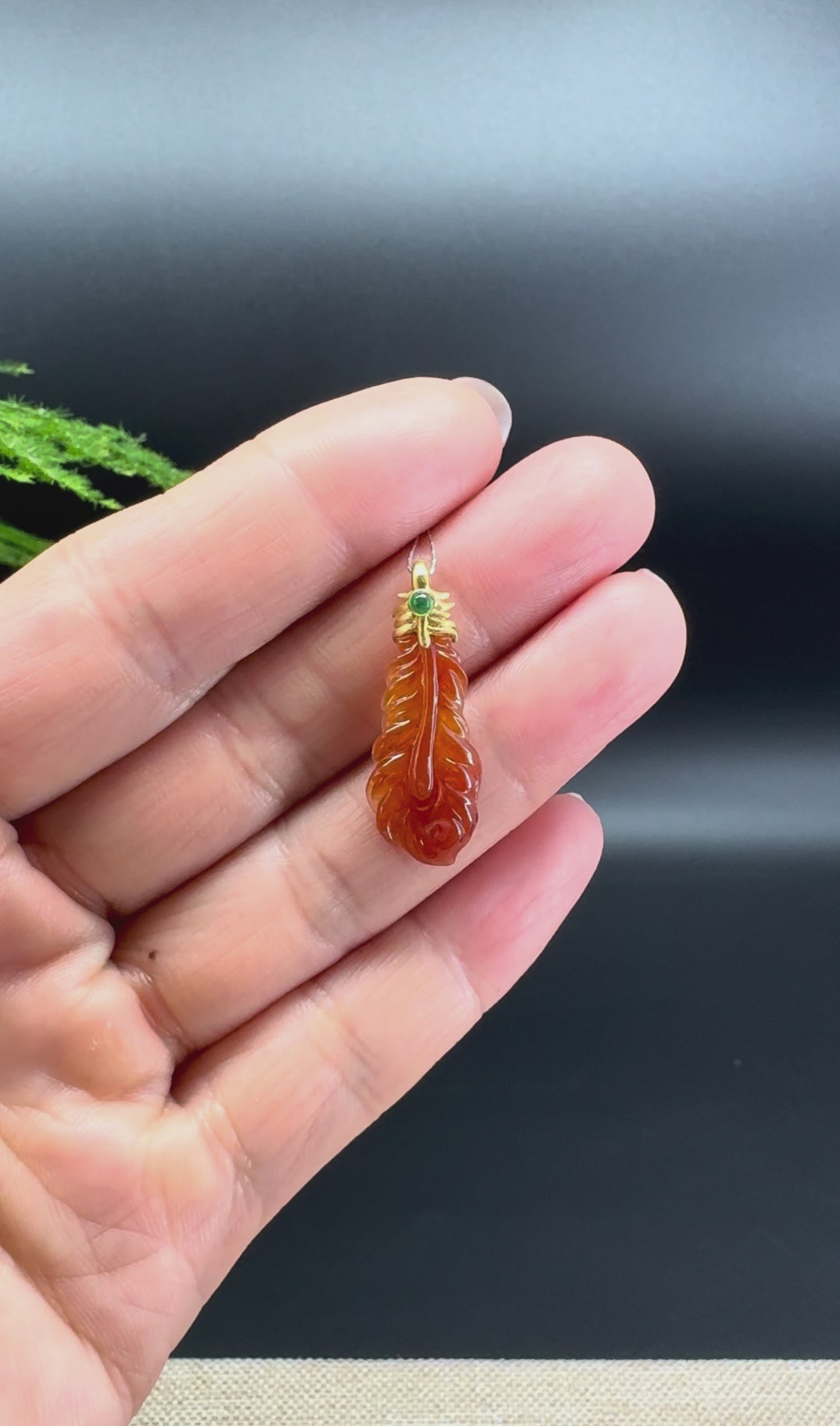 Load and play video in Gallery viewer, RealJade® Co. 18K Yellow Gold Genuine Red Jadeite Jade Feather Necklace
