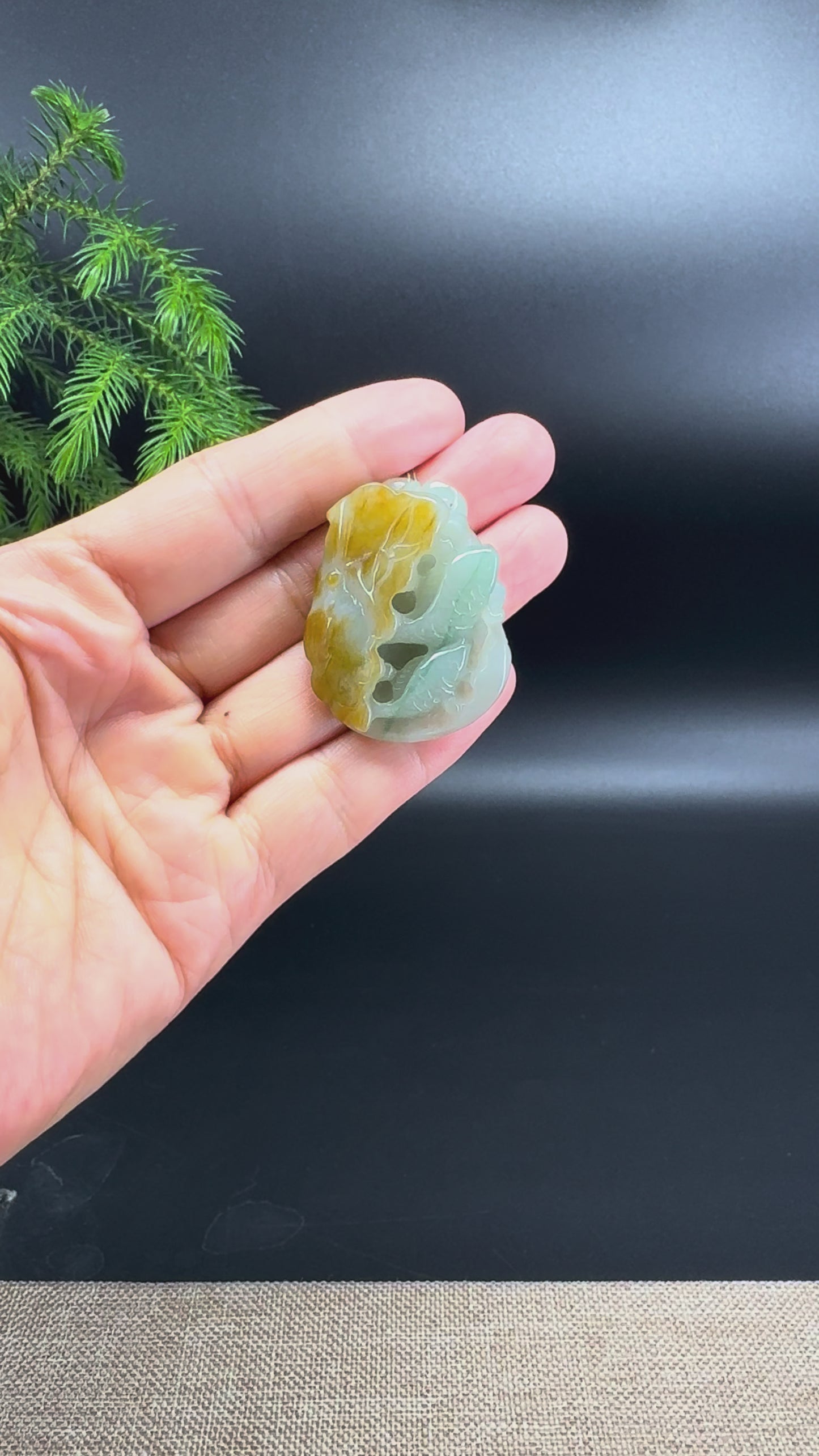 RealJade® Co.Natural Yellow Green Jadeite Jade Fishes & Lotus Pendant