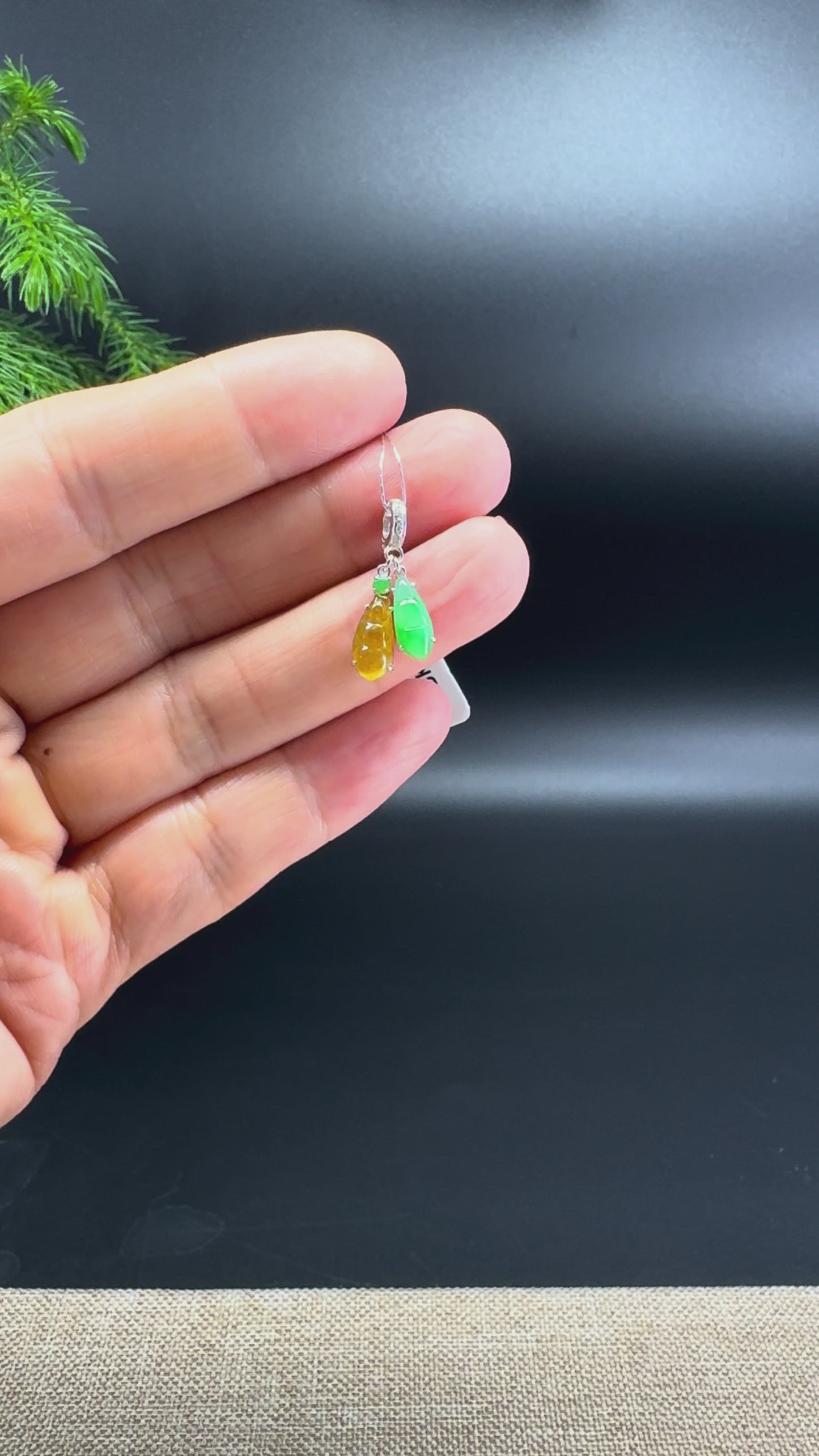 Genuine Burmese Yellow & Green Jadeite Double Mini Beans Pendant with 18k White Gold Diamonds Bail