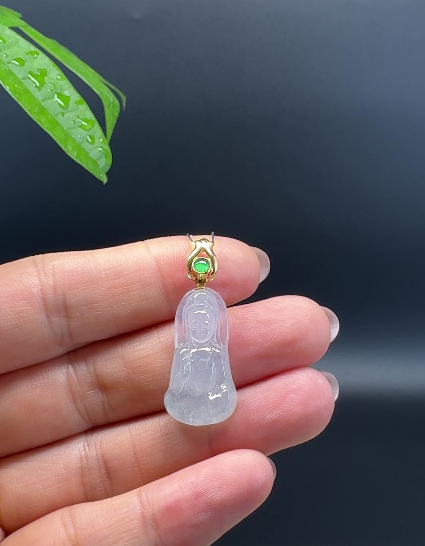 High-end 18K Yellow Gold Burmese Icy Jadeite Jade Guanyin Pendant with Diamond