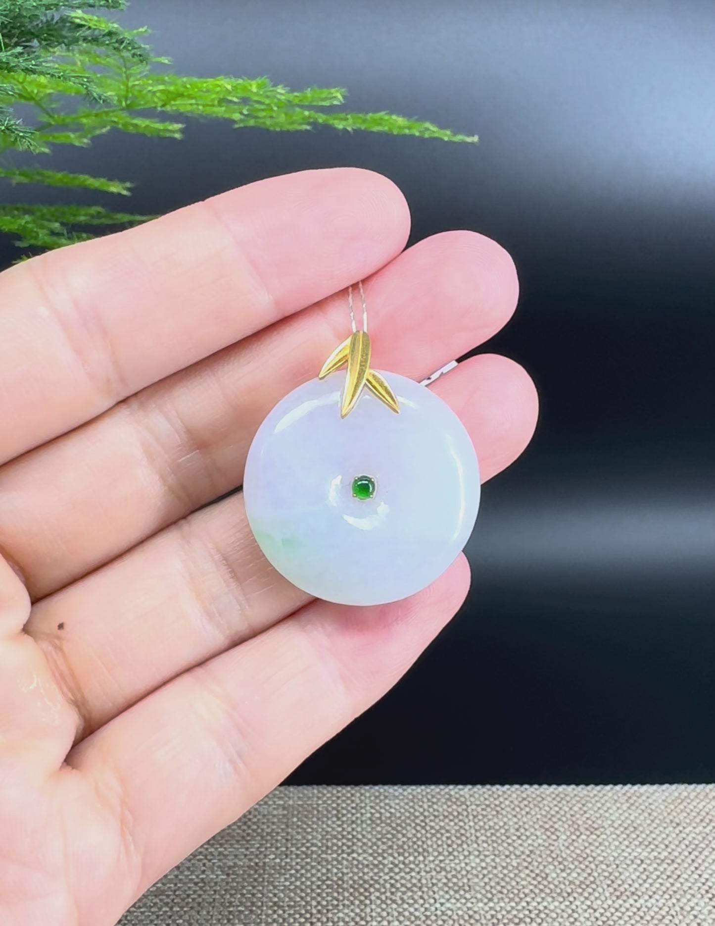 Load and play video in Gallery viewer, &amp;quot;Good Luck Button&amp;quot;Lavender Green Jadeite Jade Lucky KouKou Pendant With 18K Yellow Gold  Bail
