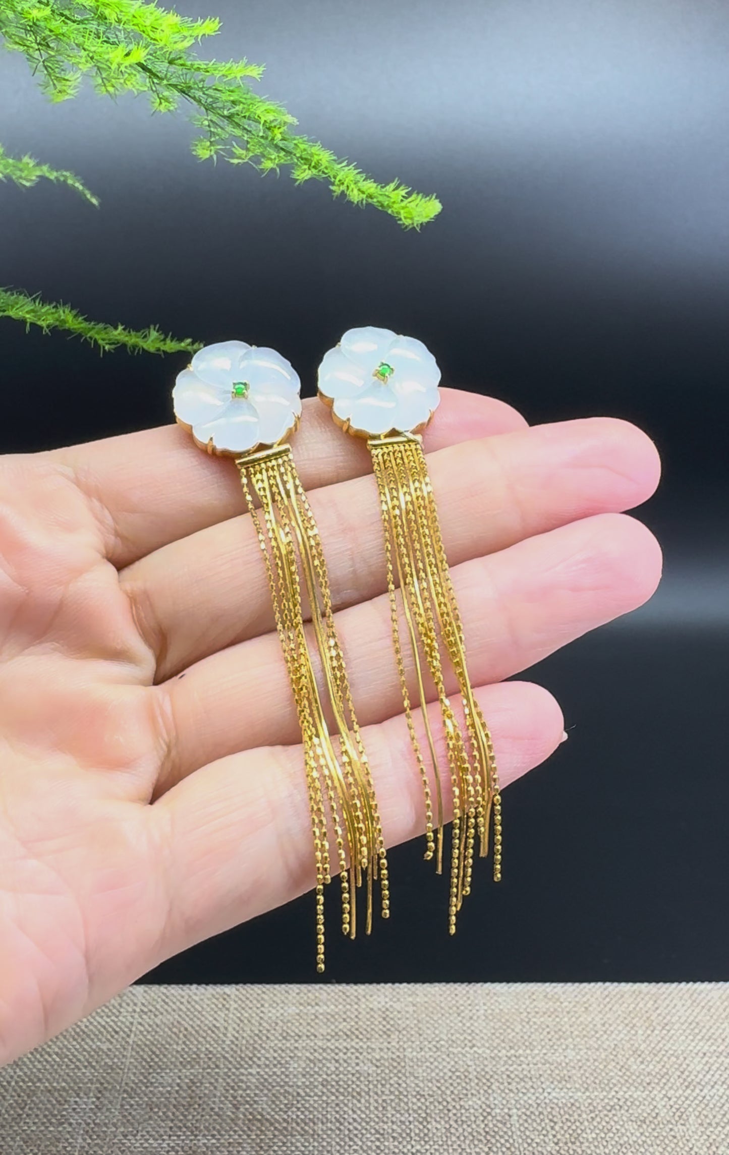 Load and play video in Gallery viewer, 18k Yellow Gold Genuine Icy Flower Jadeite Jade Earrings
