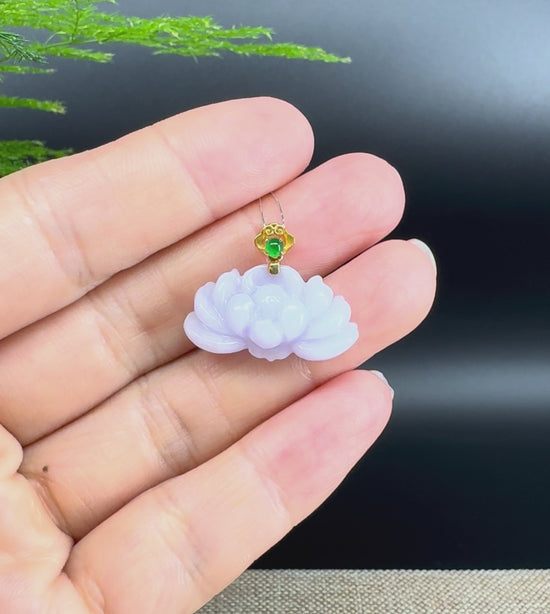 Load and play video in Gallery viewer, RealJade® Co. Genuine Lavender Jadeite Jade Good Lotus  Necklace With 18K Yellow Gold Bail
