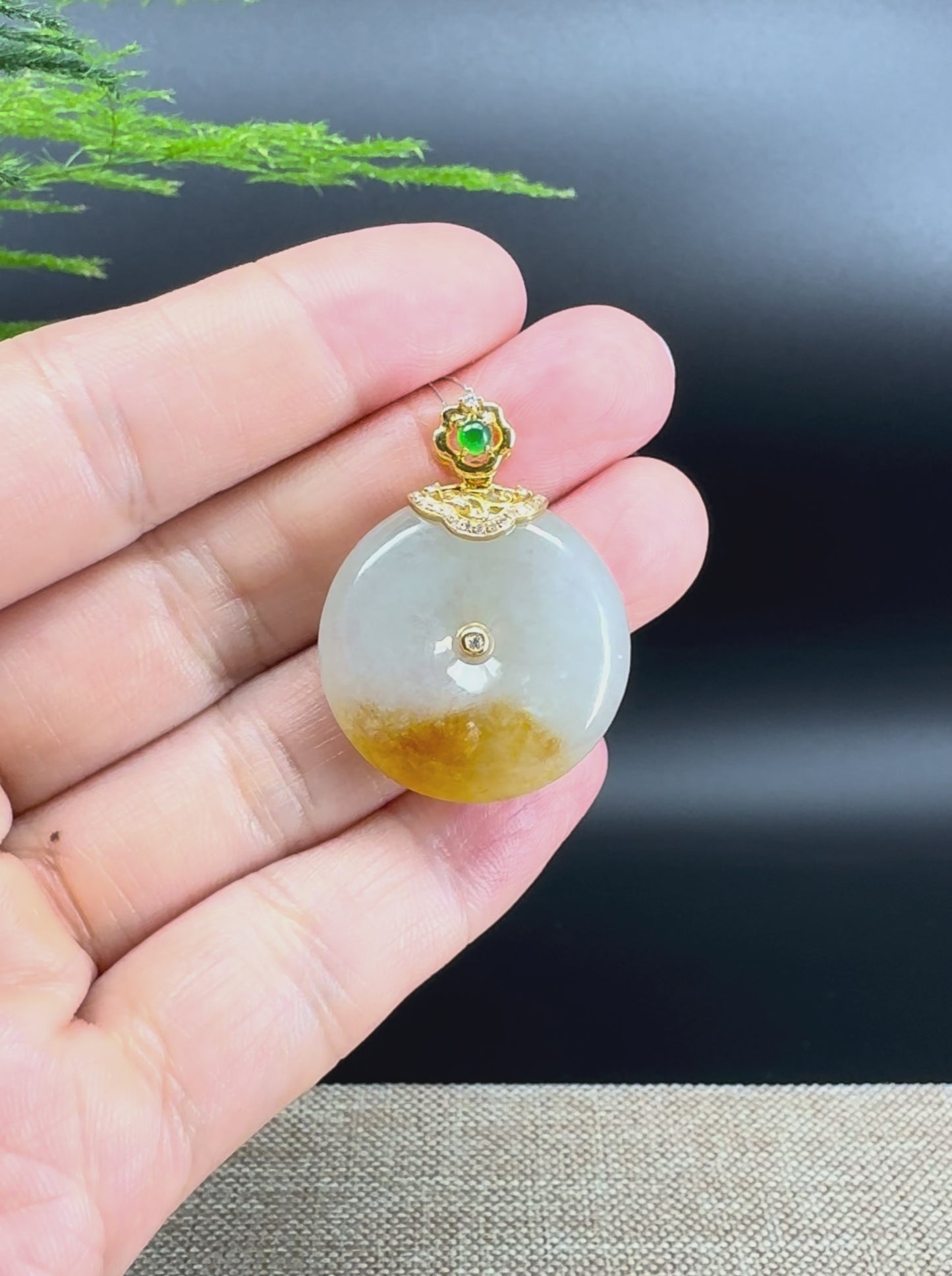 "Good Luck Button"Icy Bronze Yellow Jadeite Jade Lucky KouKou Pendant With 18K Yellow Gold Diamonds Bail