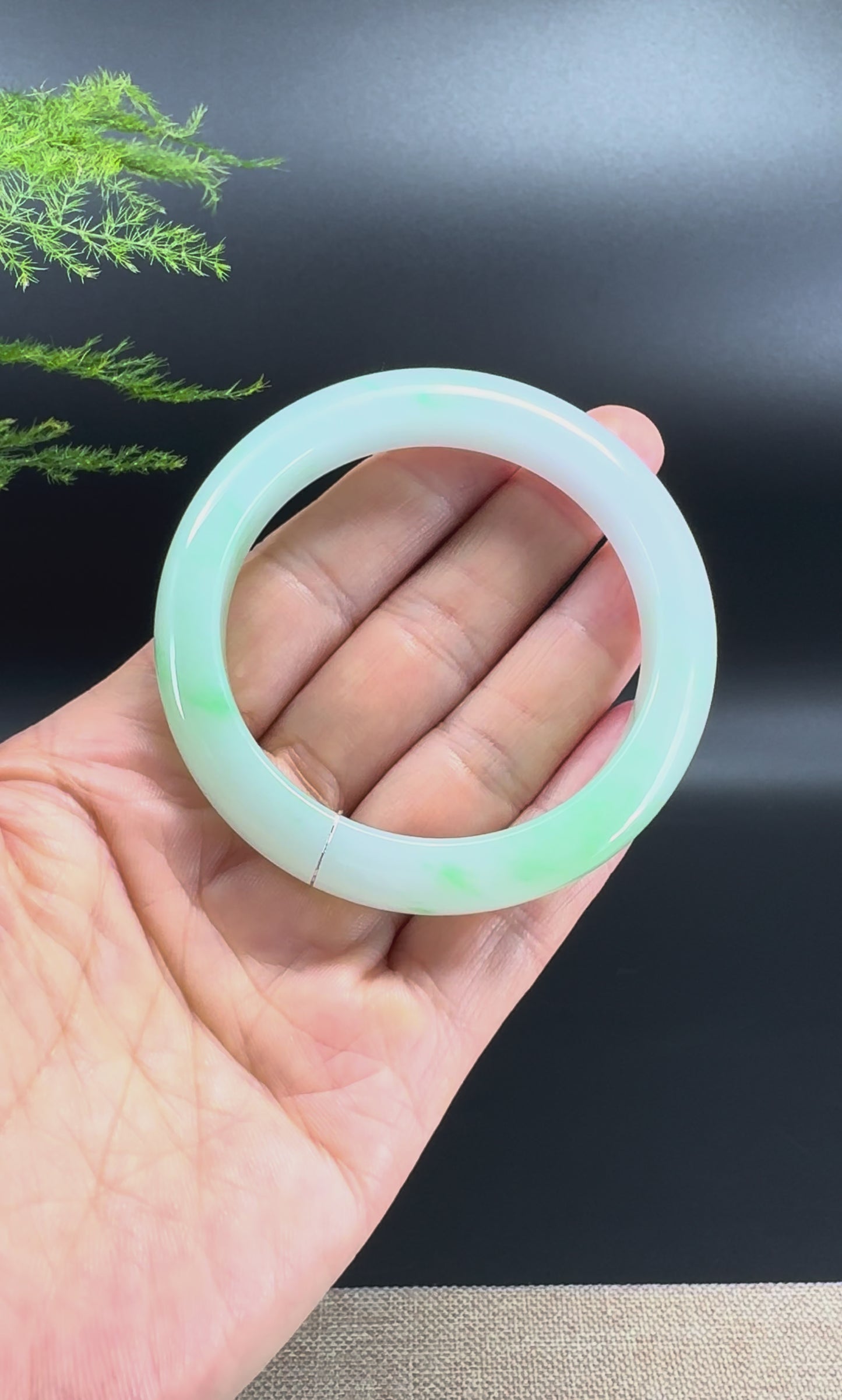 Load and play video in Gallery viewer, Genuine Burmese Icy White Green(BDQ) Jadeite Jade Bangle Bracelet ( 54.2mm )
