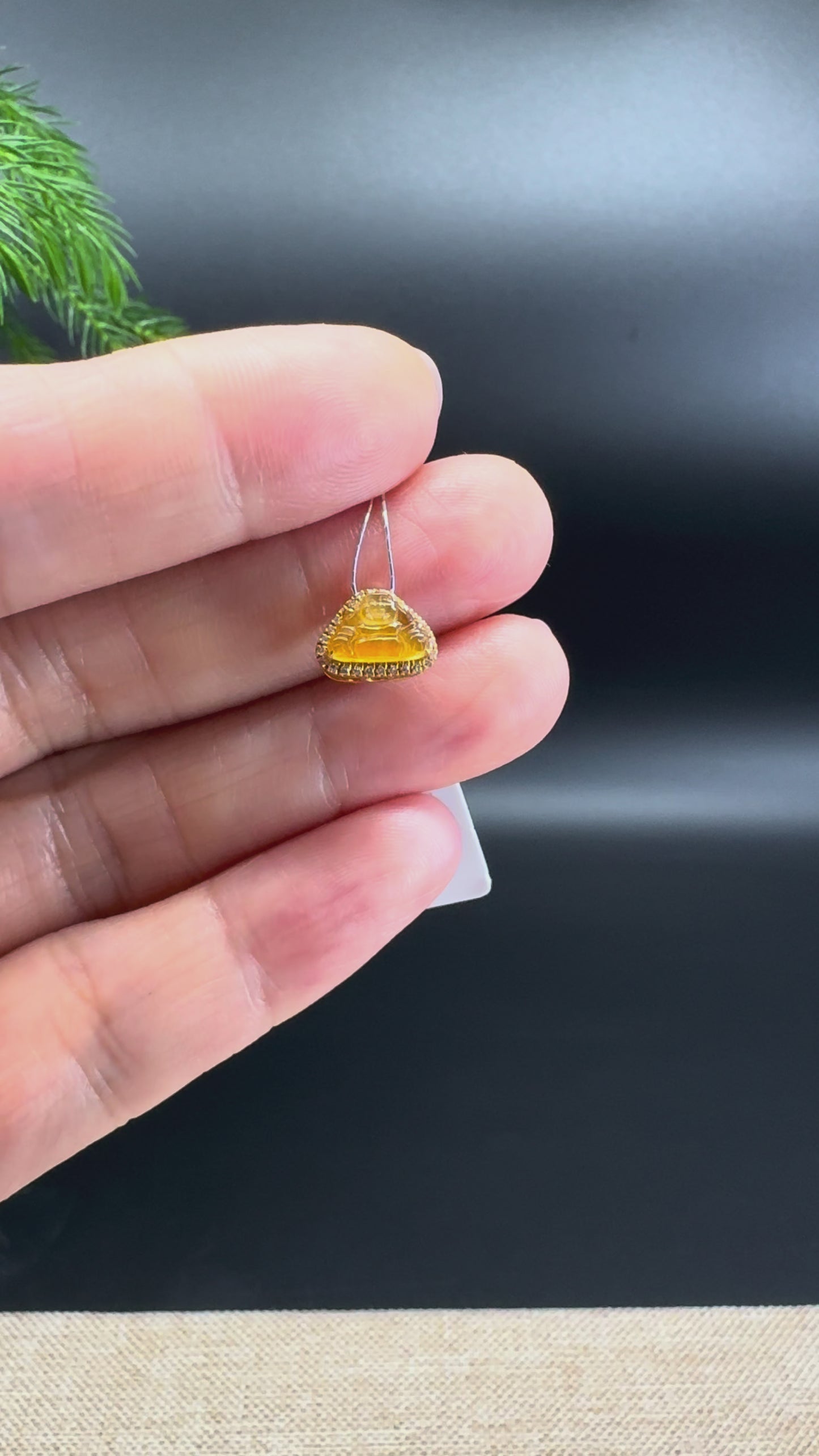 18K Yellow Gold Burmese Honey Yellow Jadeite Jade Mini Buddha Pendant With Diamonds