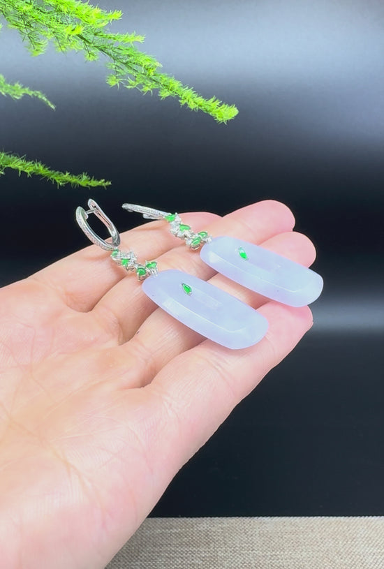 Load and play video in Gallery viewer, 18k White Gold Genuine Lavender Jadeite Jade Earrings With Diamonds
