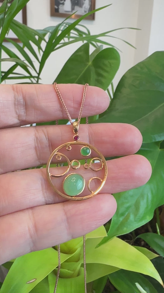 Load and play video in Gallery viewer, RealJade® &amp;quot;Bubble Collection&amp;quot; 18k Rose Gold Genuine Burmese Jadeite Necklace With Diamonds
