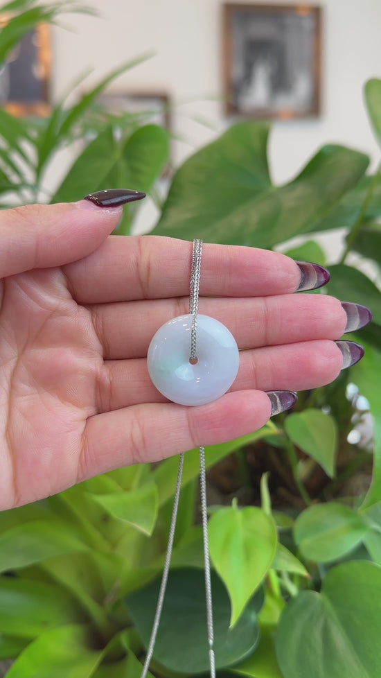 Load and play video in Gallery viewer, RealJade® Co. RealJade® Co. &amp;quot;Good Luck Button&amp;quot; Necklace Lavender Green Jadeite Jade Lucky Ping An Kou Pendant
