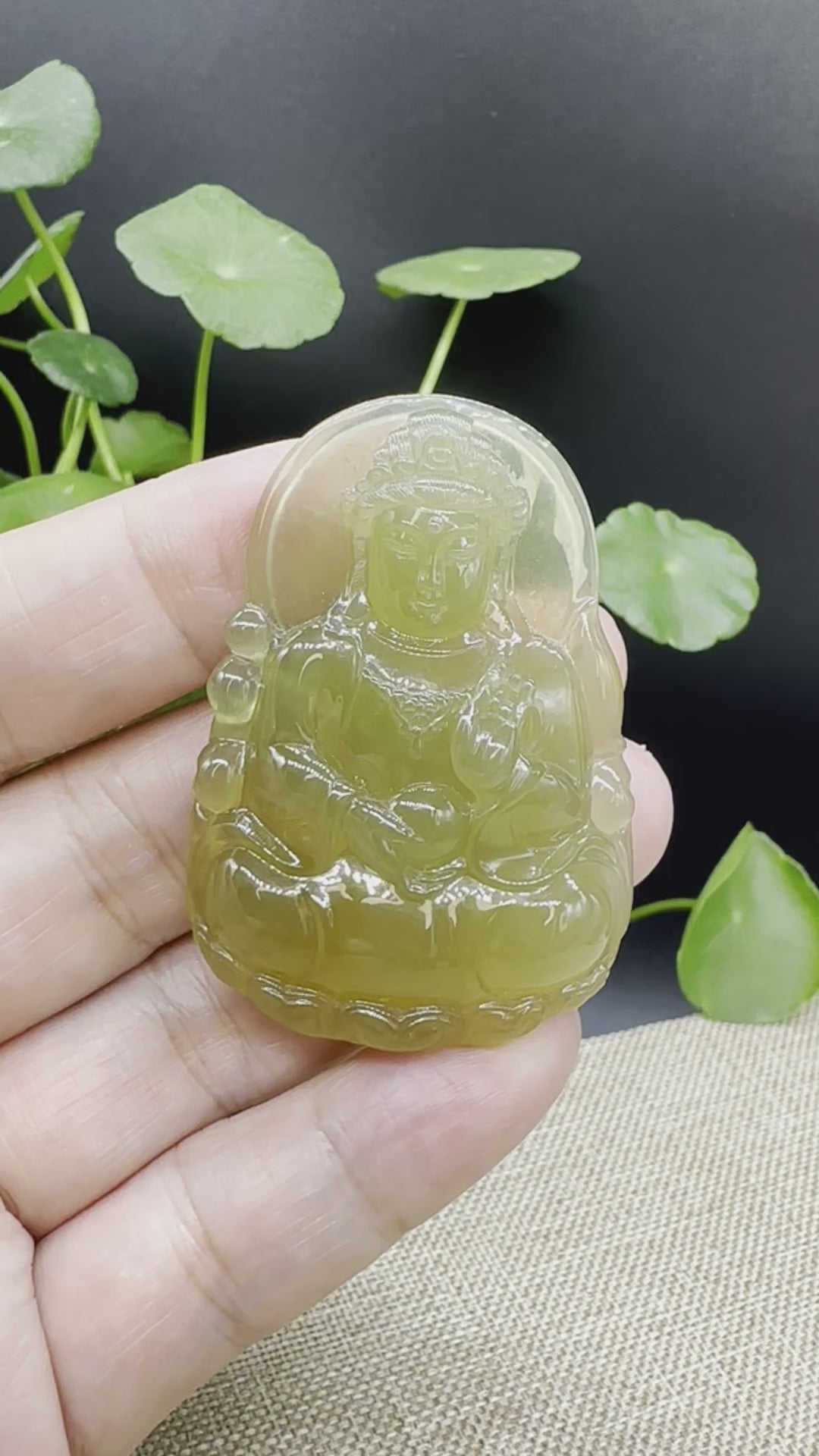 Load and play video in Gallery viewer, High end  &amp;quot;Goddess of Compassion&amp;quot; Genuine Honey Yellow Burmese Jadeite Jade Guanyin Necklace
