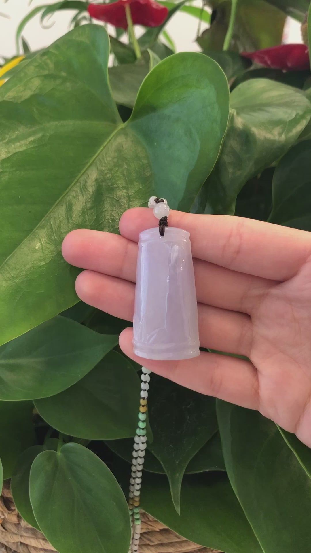 Load and play video in Gallery viewer, Genuine Light Lavender Jadeite Jade &amp;quot;Good Luck Bamboo&amp;quot; Pendant Necklace With Real Jadeite Bead Necklace
