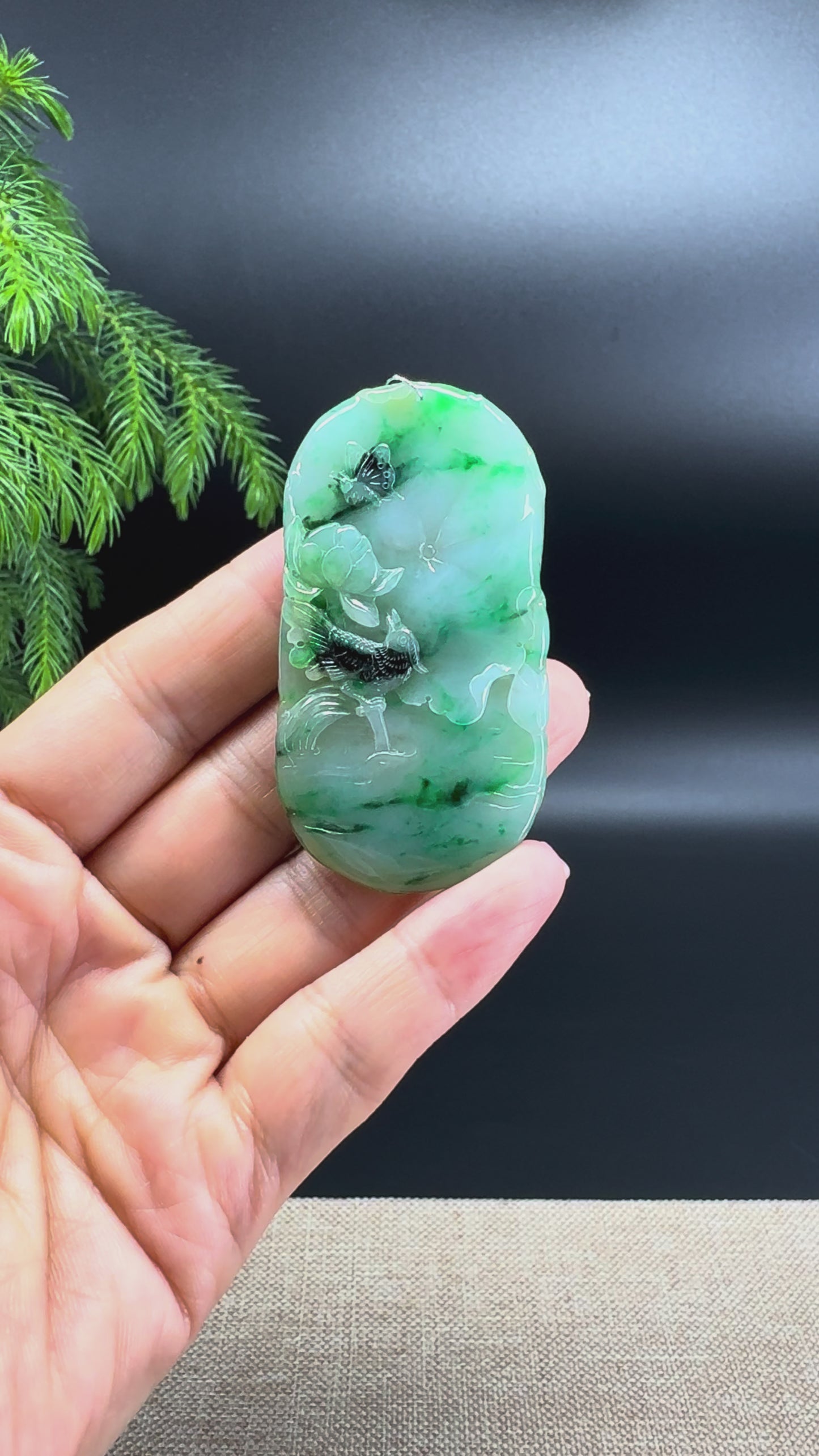 RealJade® Co. Natural Forest Green Jadeite Jade Lotus & Fish Pendant