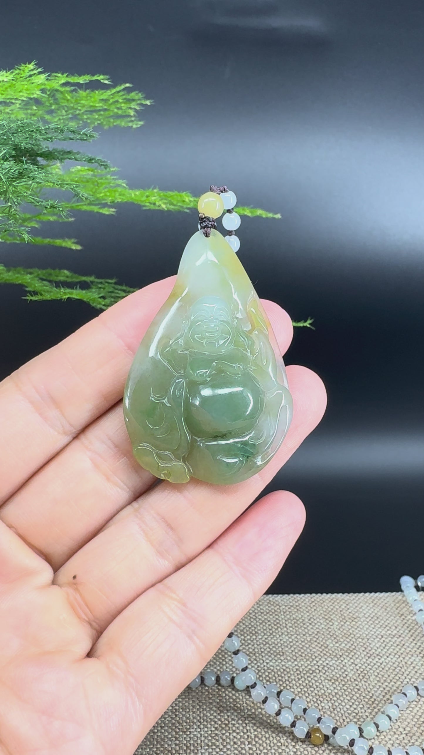 Load and play video in Gallery viewer, RealJade® Co.  Genuine Burmese Jadeite Jade Yellow Green Happy Buddha  Pendant Necklace
