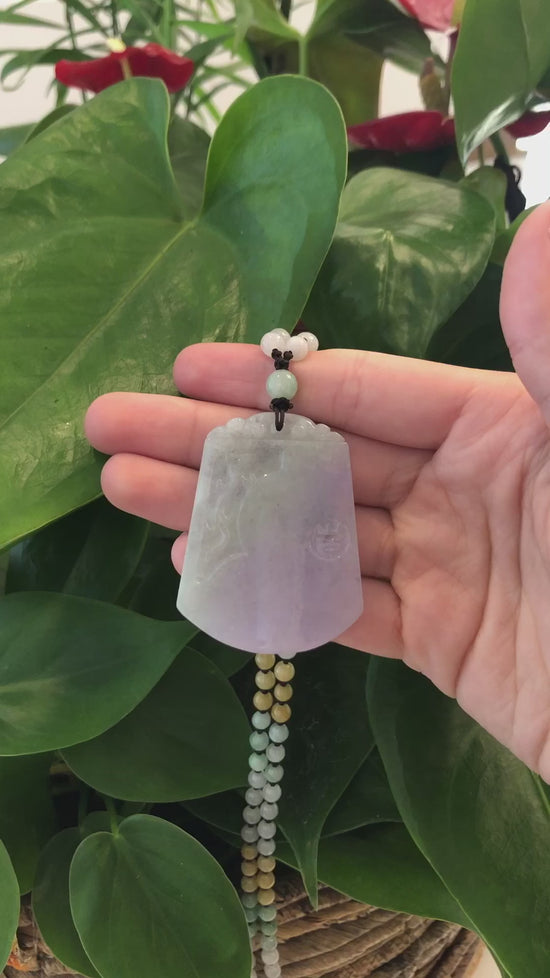 Load and play video in Gallery viewer, Genuine Lavender &amp;amp; Green Jadeite Jade &amp;quot;Good Luck &amp;amp; Safety&amp;quot; Pendant Necklace With Real Jadeite Bead Necklace
