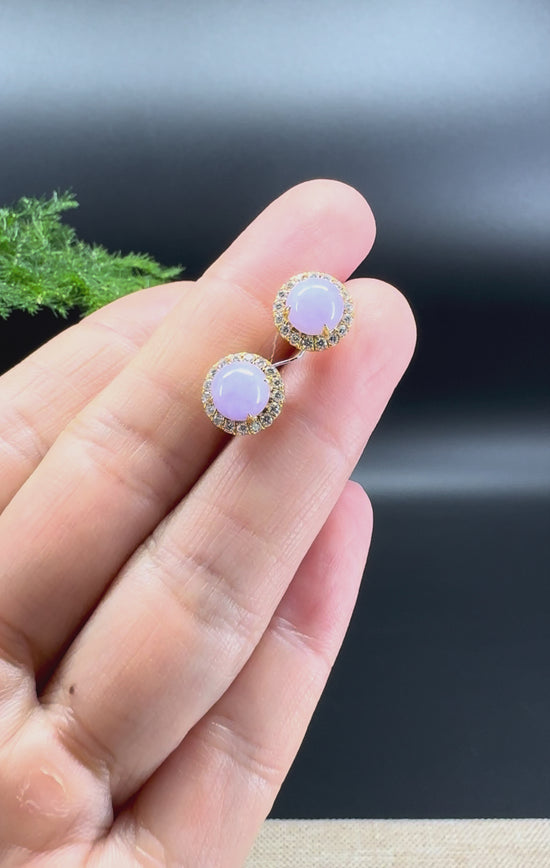 Load and play video in Gallery viewer, RealJade® 18k Yellow Gold Lavender Jadeite Jade Round Earrings With Diamonds
