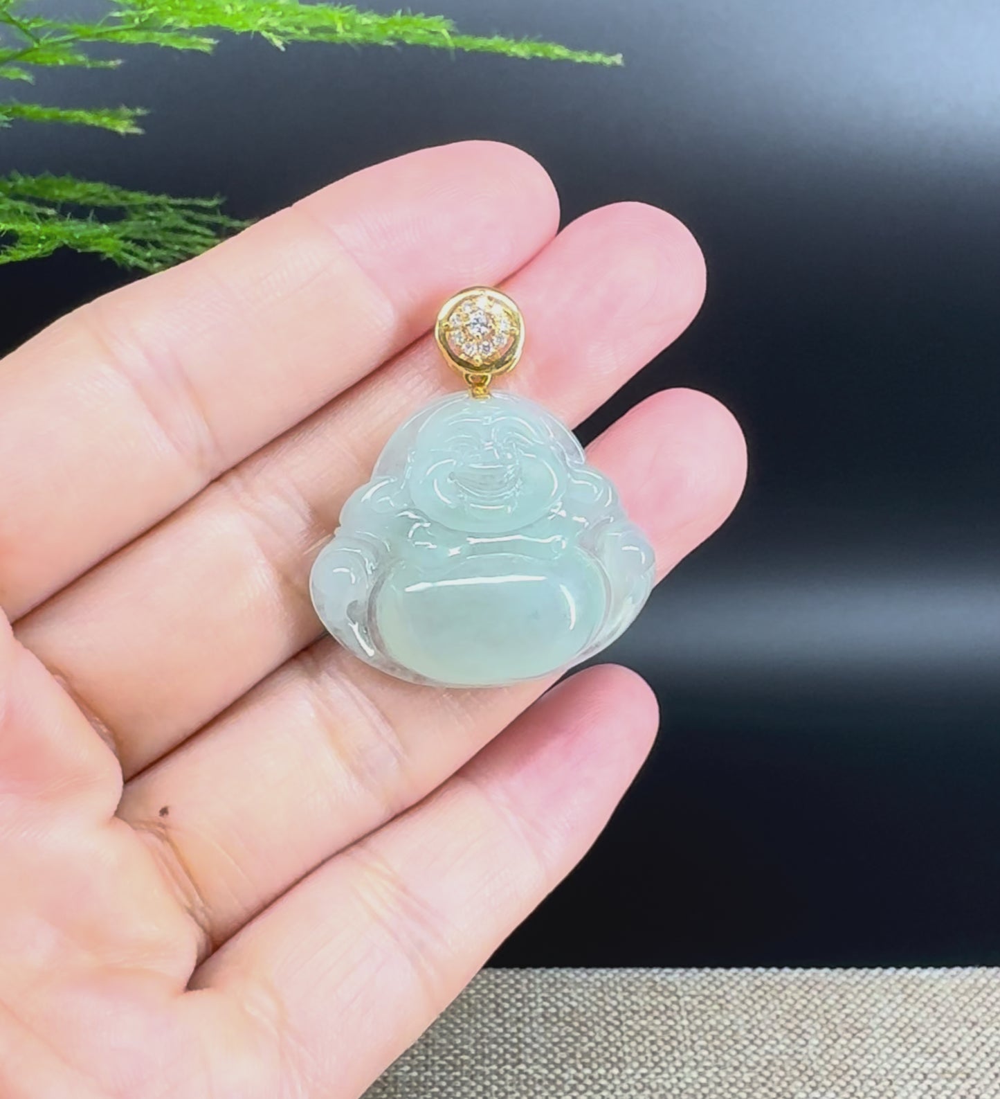 Load and play video in Gallery viewer, 18K Yellow Gold Burmese Icy Green Jadeite Jade Happy Buddha Pendant
