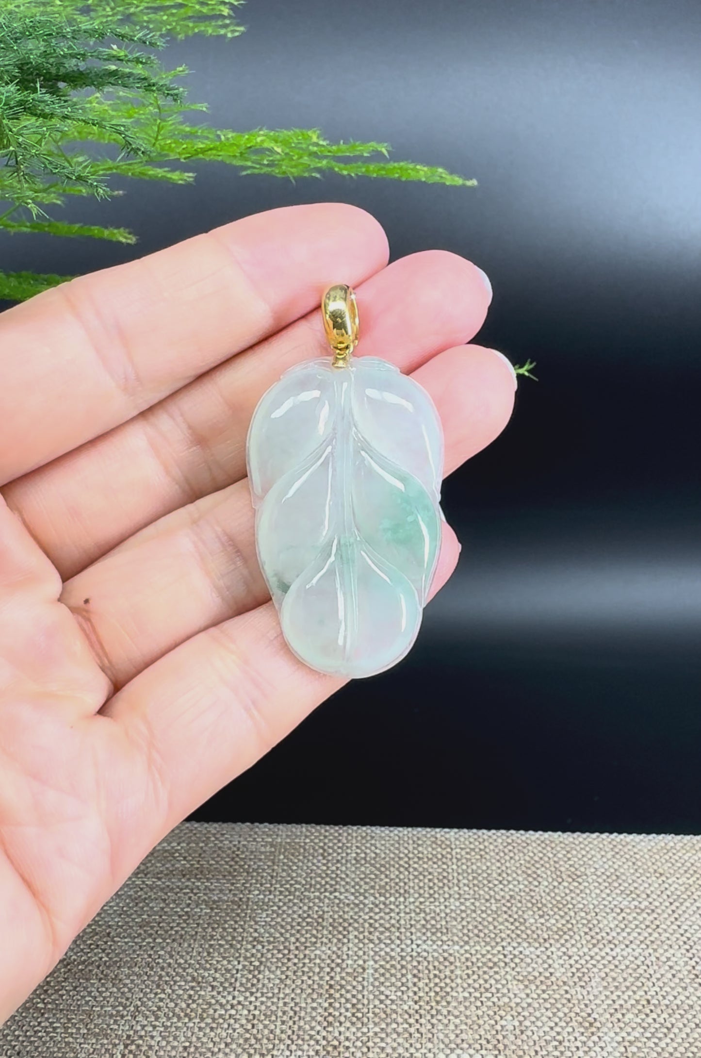 Load and play video in Gallery viewer, RealJade® Co. Genuine Ice Green Jadeite Jade Jin Zhi Yu Ye (Leaf) Necklace With 18K Yellow Gold Bail
