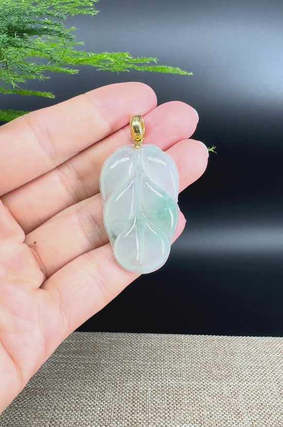 Load and play video in Gallery viewer, RealJade® Co. Genuine Ice Green Jadeite Jade Jin Zhi Yu Ye (Leaf) Necklace With 18K Yellow Gold Bail
