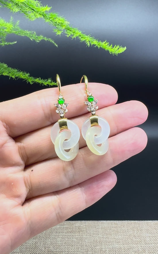 Load and play video in Gallery viewer, 18k Yellow Gold Genuine Icy Yellow Jadeite Jade Earrings With Diamonds

