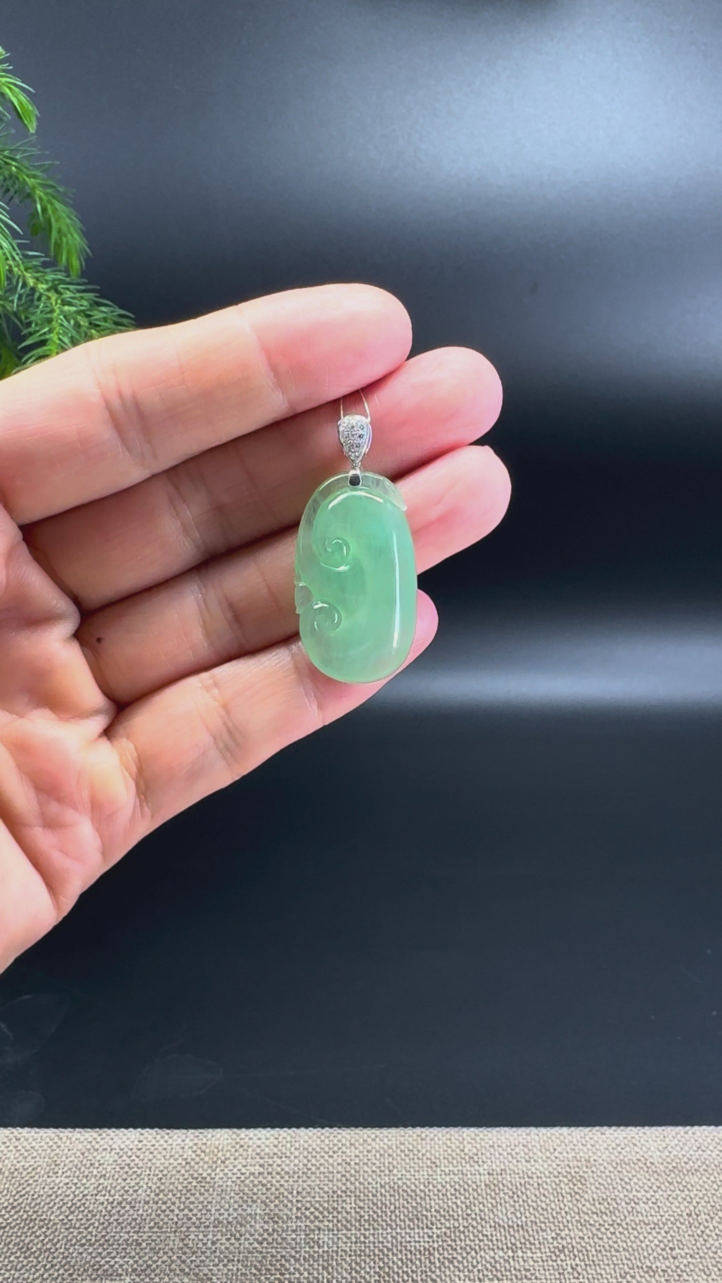RealJade® Co. Genuine Green Jadeite Jade RuYi Necklace With 18K White Gold Bail